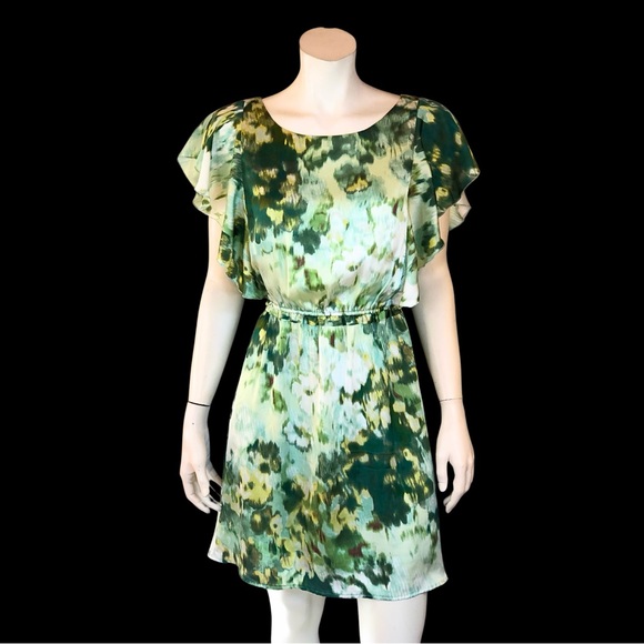 H&M Green Abstract WATERCOLOUR Silky Flutter Sleeve Spring Mini Dress 6 - Picture 4 of 8